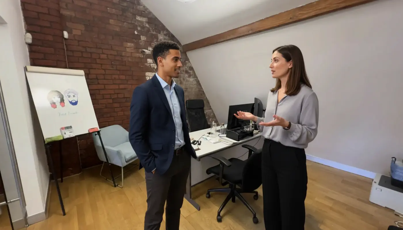 Zak and Jessica discussing digital marketing strategy inside a UK office environment.