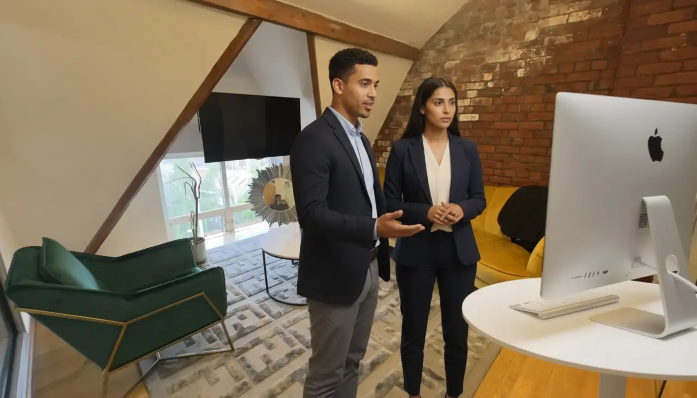 Zak and Sara discussing ecommerce customer experience inside a UK office.