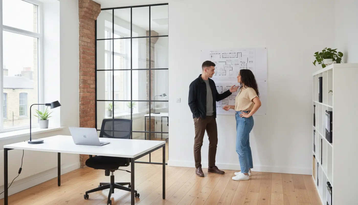 Adam and Sara discussing design decisions inside a UK creative studio.