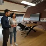 Zak and Sara discussing email migration inside a UK office environment.