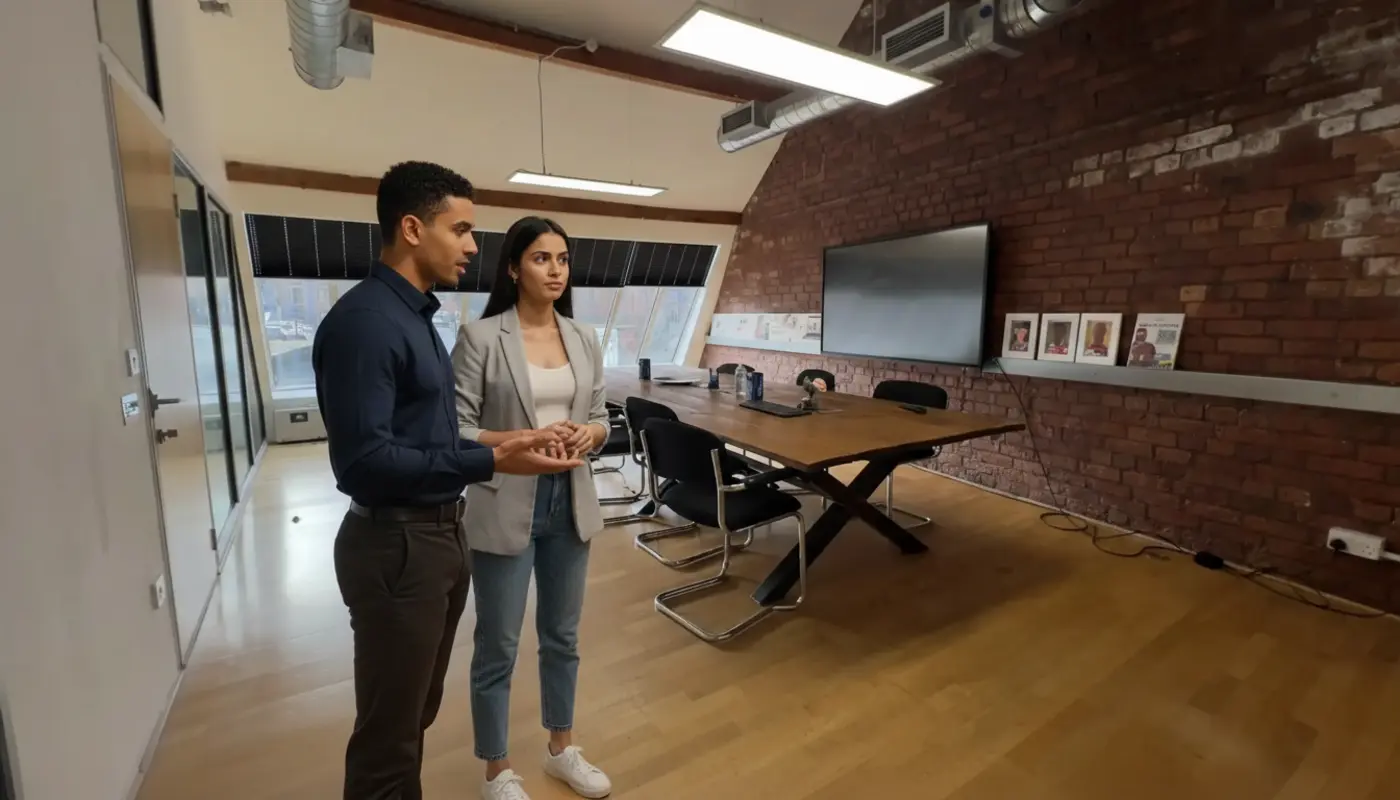 Zak and Sara discussing email migration inside a UK office environment.