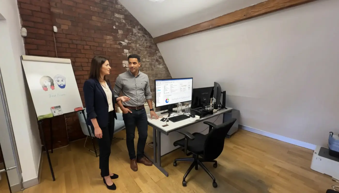Jessica and Zak discussing Google Ads optimisation inside a UK office mid‑conversation.