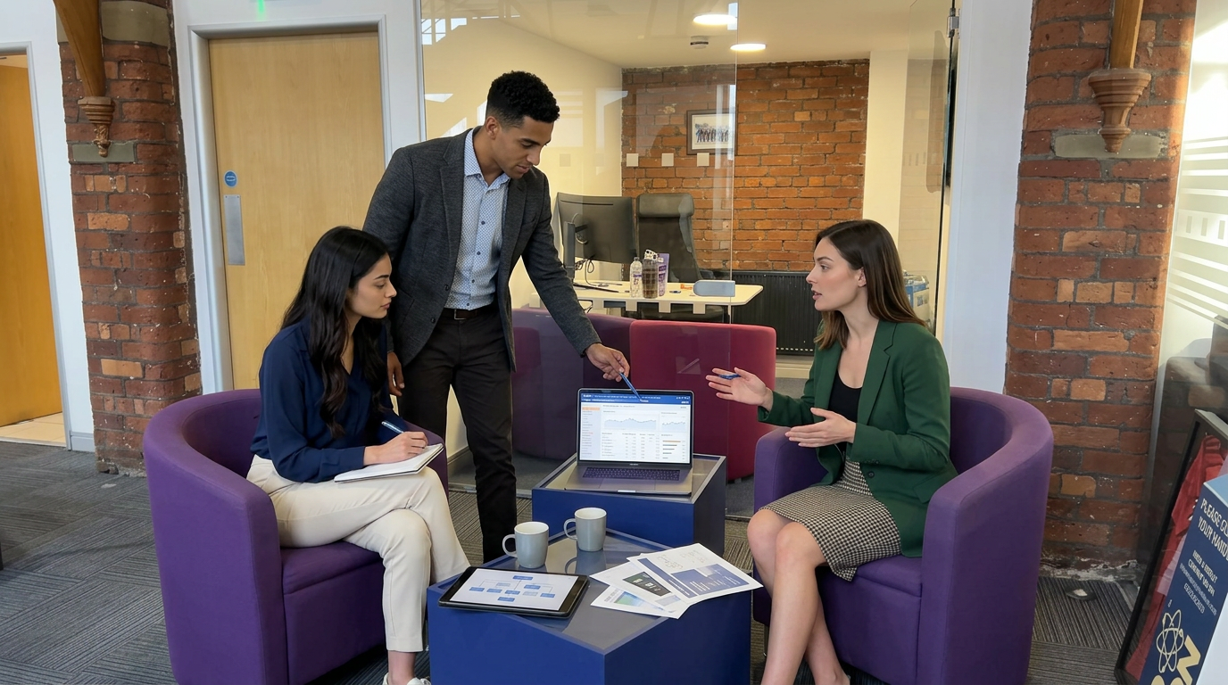 Sara, Jessica and Zak discussing brand registration inside a UK office environment.