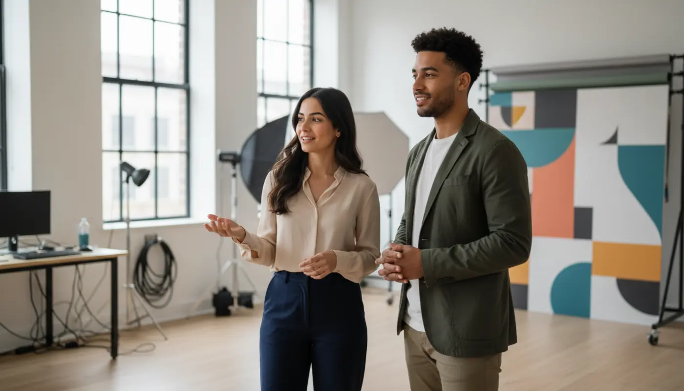 Sara and Zak discussing influencer verification inside a UK creator studio.