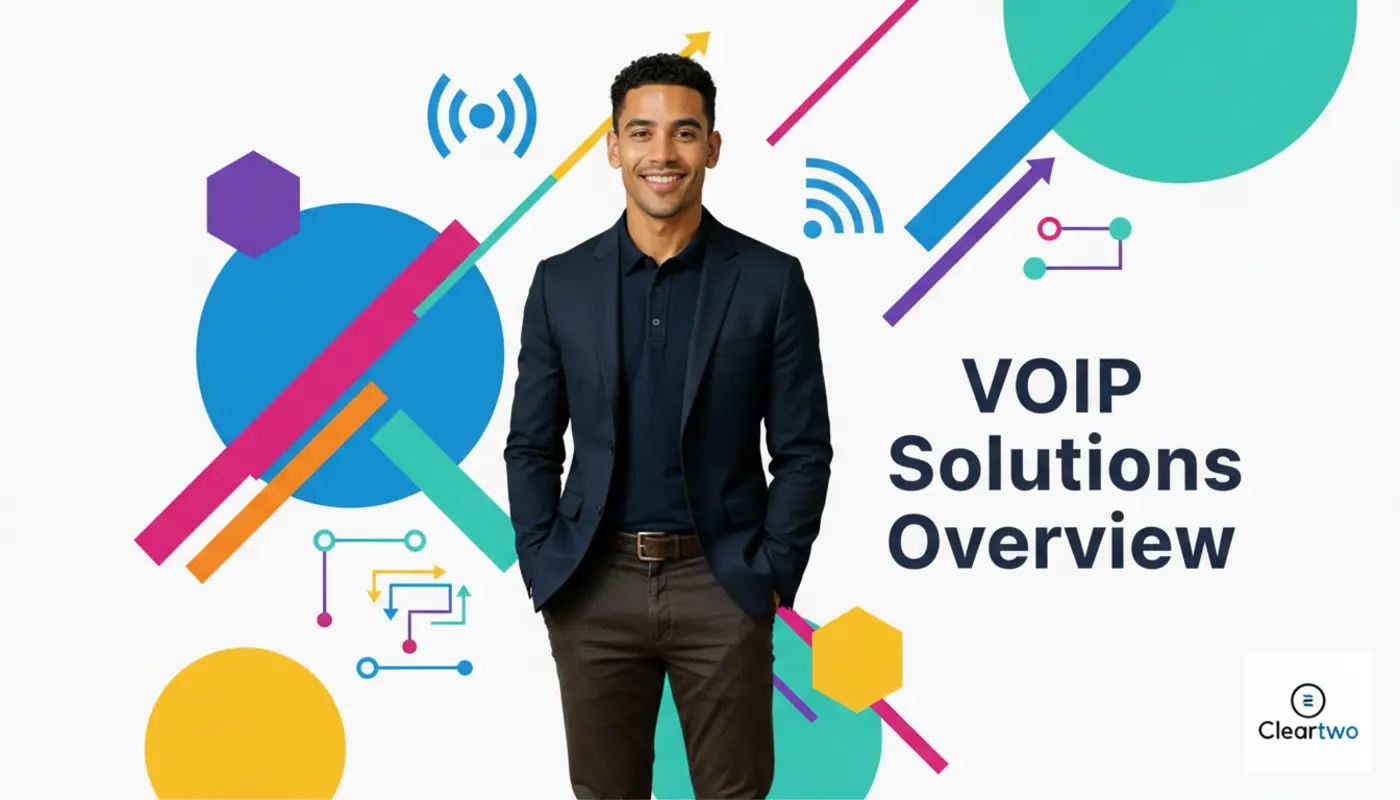 Zak posed before bright geometric VoIP‑themed graphics for a modern telecom blog hero image.