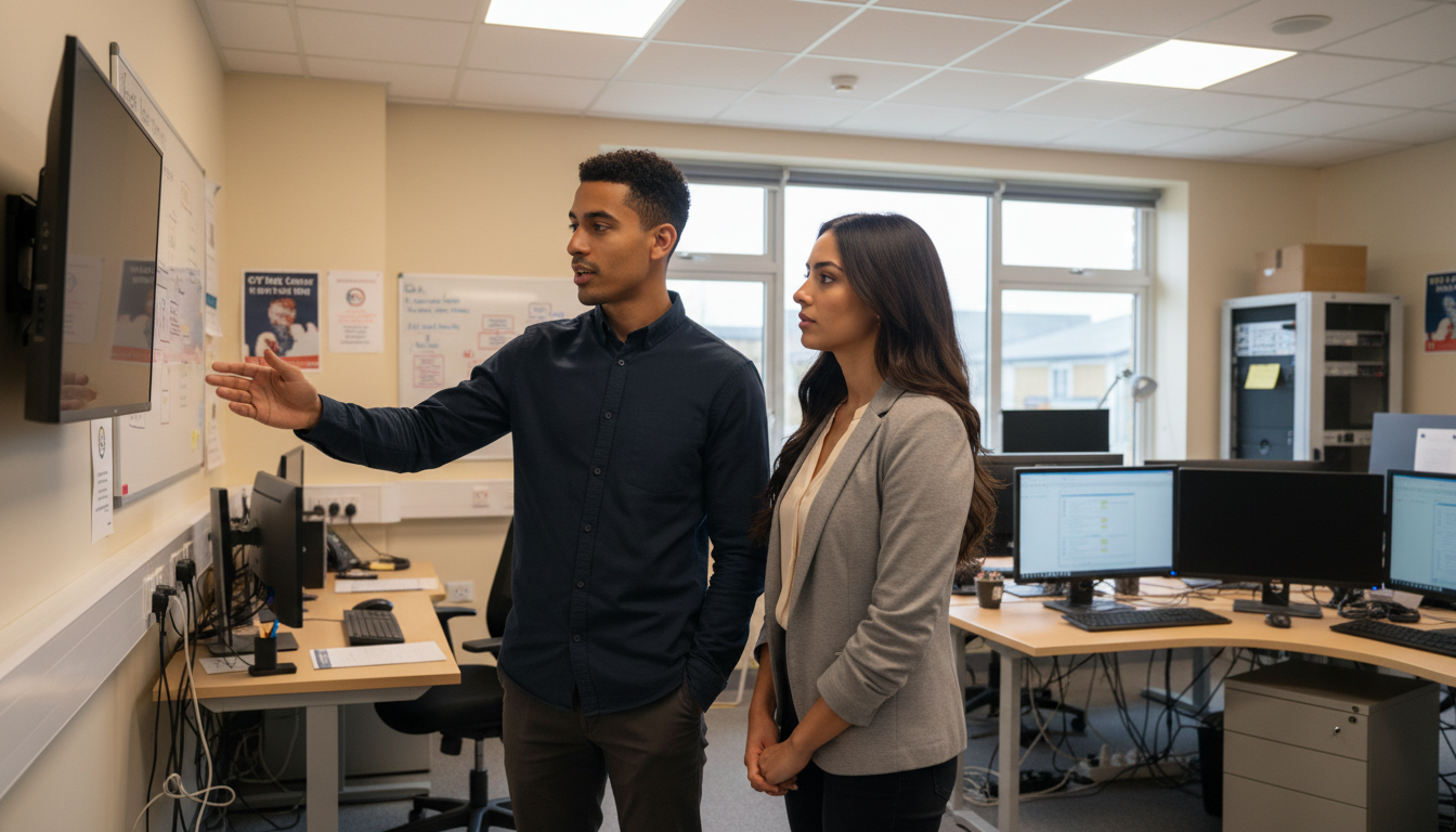 Zak and Sara discussing cybersecurity tasks inside a UK care facility IT room.