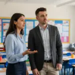 Sara and Adam collaborating during an IT support discussion inside a UK primary school classroom.