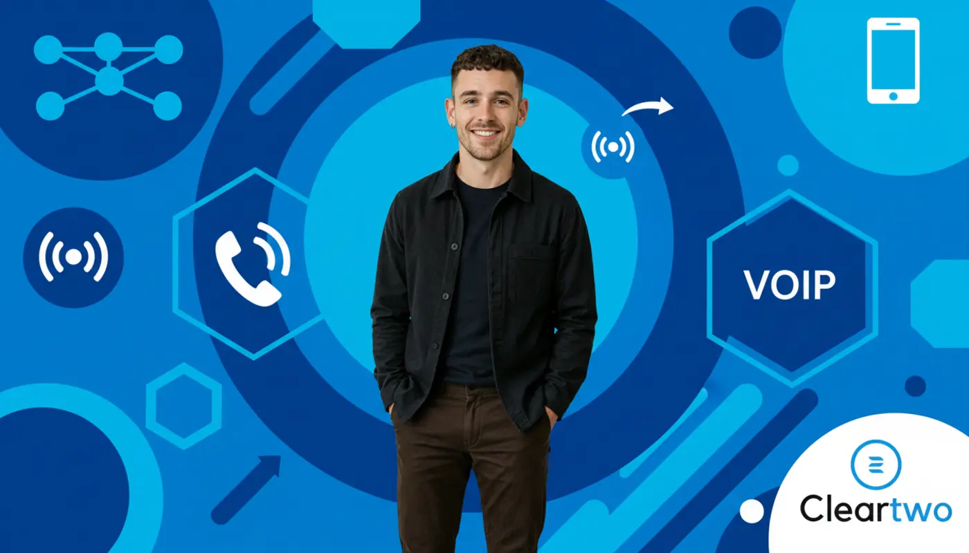 Adam posed confidently against a bright illustrated VoIP background themed around Teams Calling Plans.