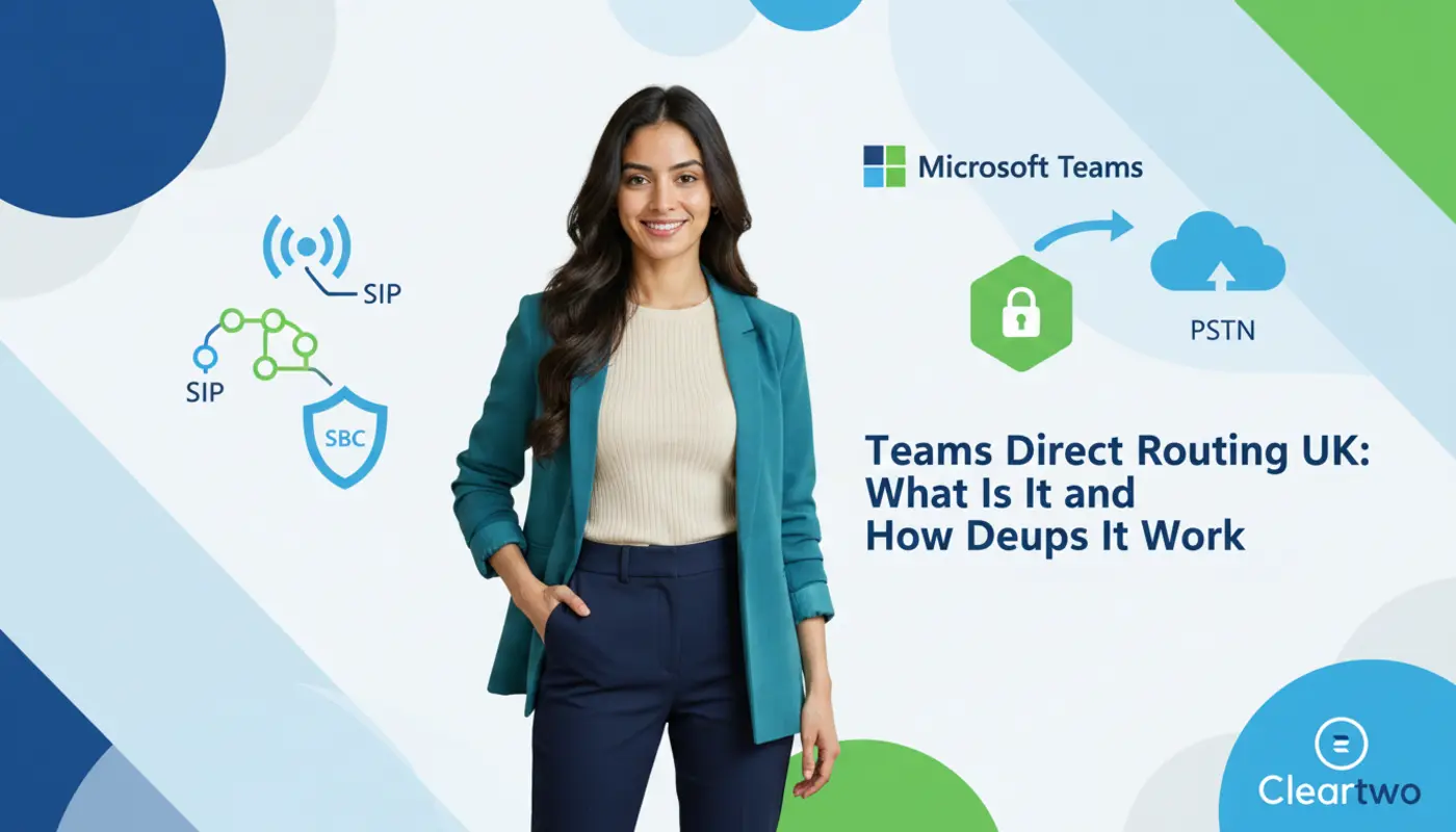 Sara posed confidently in front of colourful geometric VoIP‑themed graphics representing Teams Direct Routing.