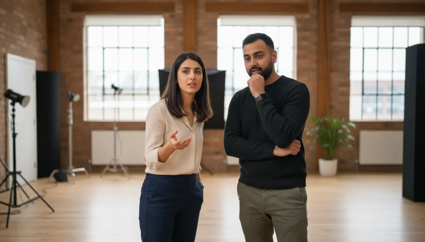 Sara and Omar collaborating in a UK creator studio while discussing a filming setup.
