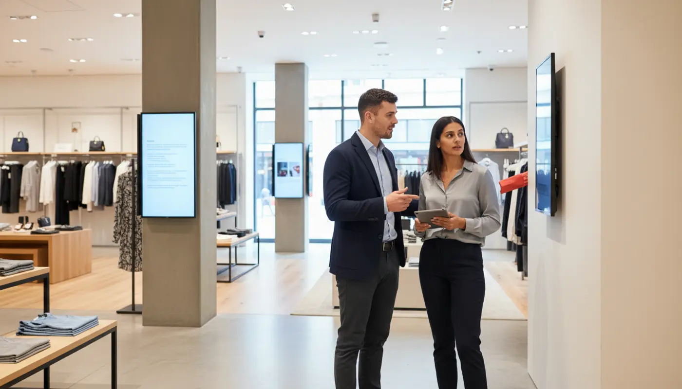 Adam and Sara discussing digital signage placement inside a UK retail store.