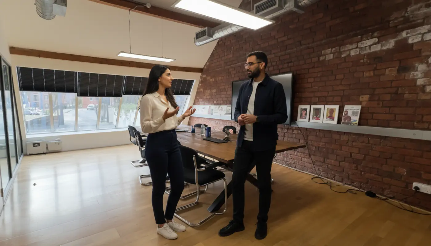 Sara and tall Omar discussing TikTok strategy inside a UK creator studio.