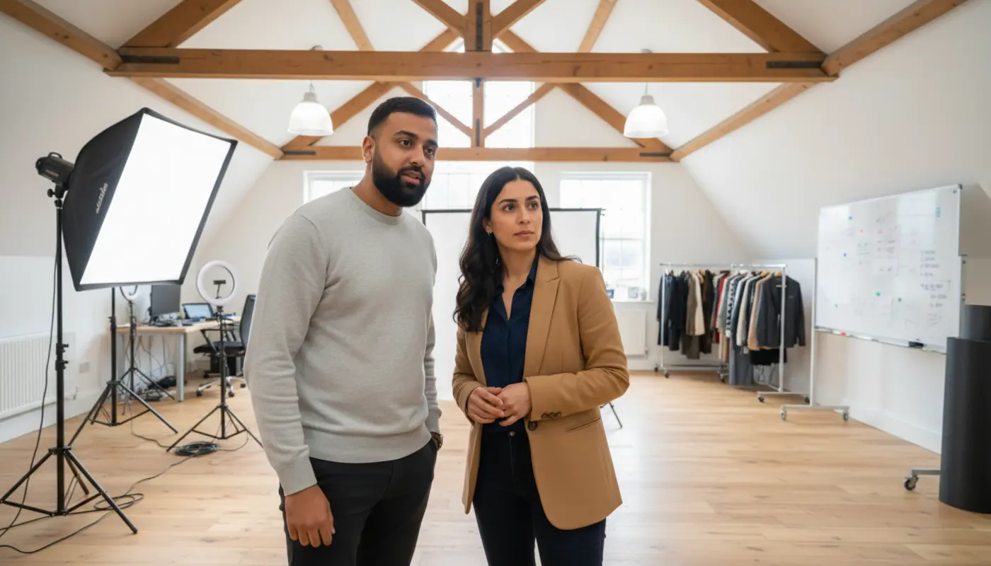 Omar and Sara discussing a TikTok content setup inside a UK creator studio.
