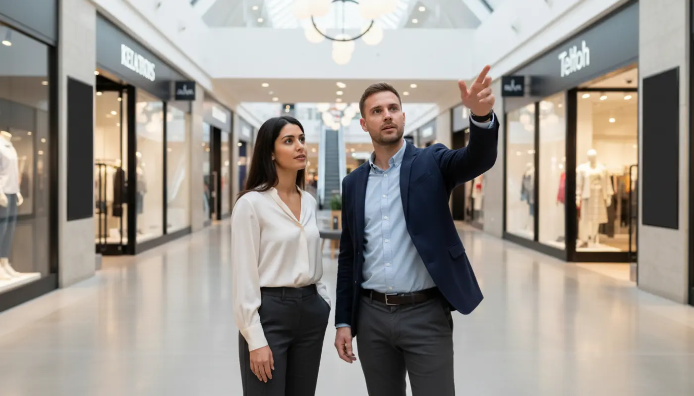 Sara and Adam discussing digital signage placement inside a UK shopping centre.