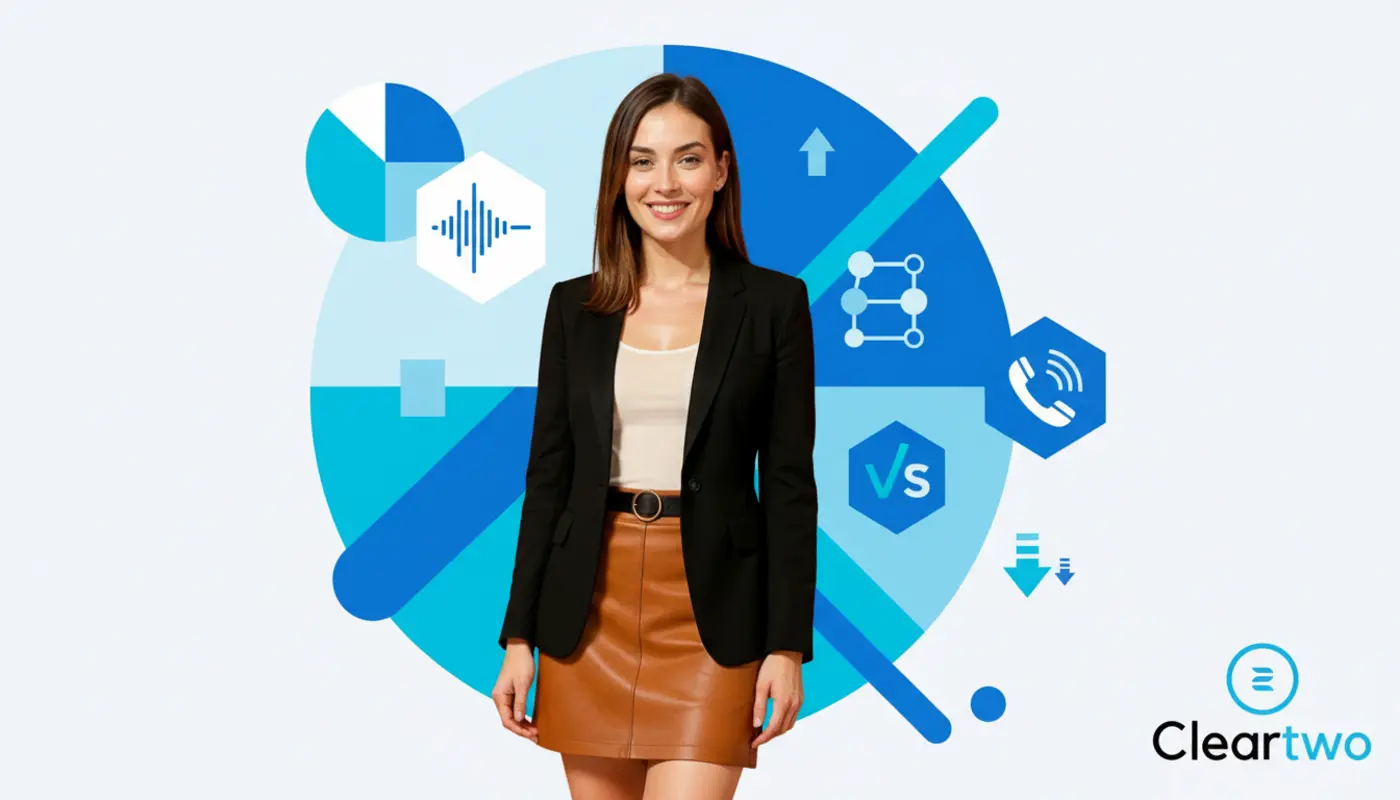 Jessica stands before a bright geometric VoIP cost‑comparison themed background with modern telecom icons.