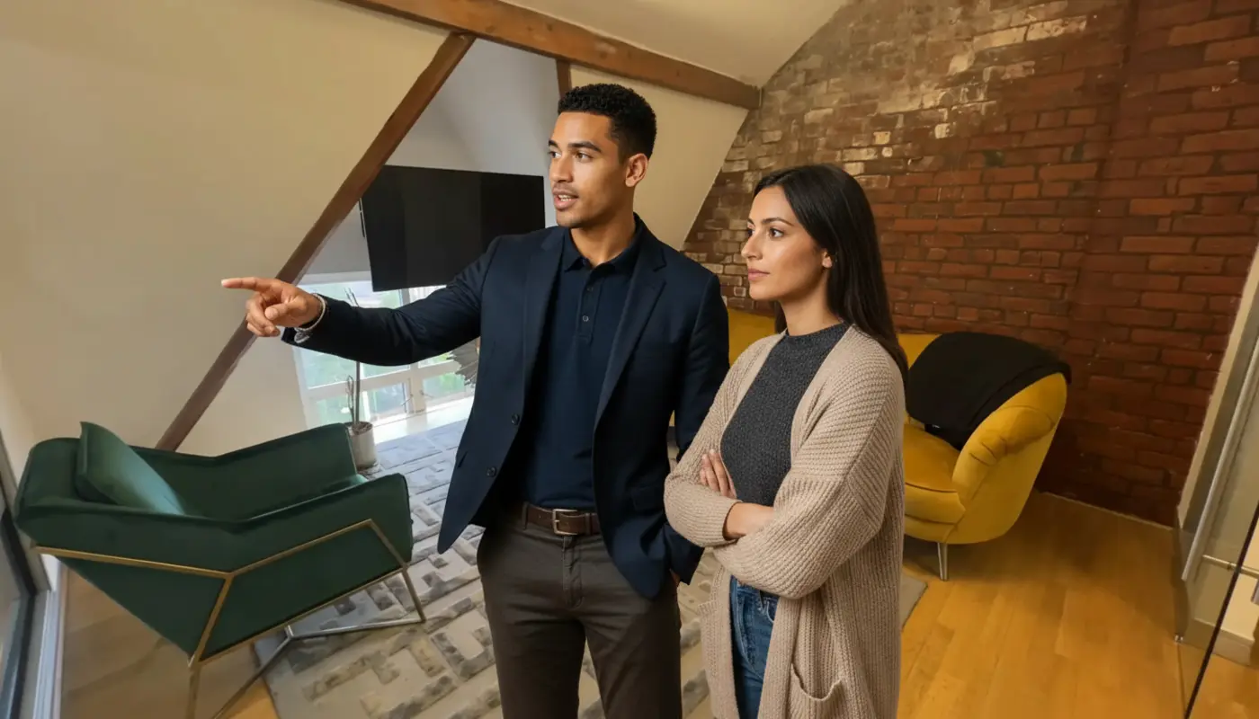 Zak and Sara collaborating in a UK office environment during an active work discussion.