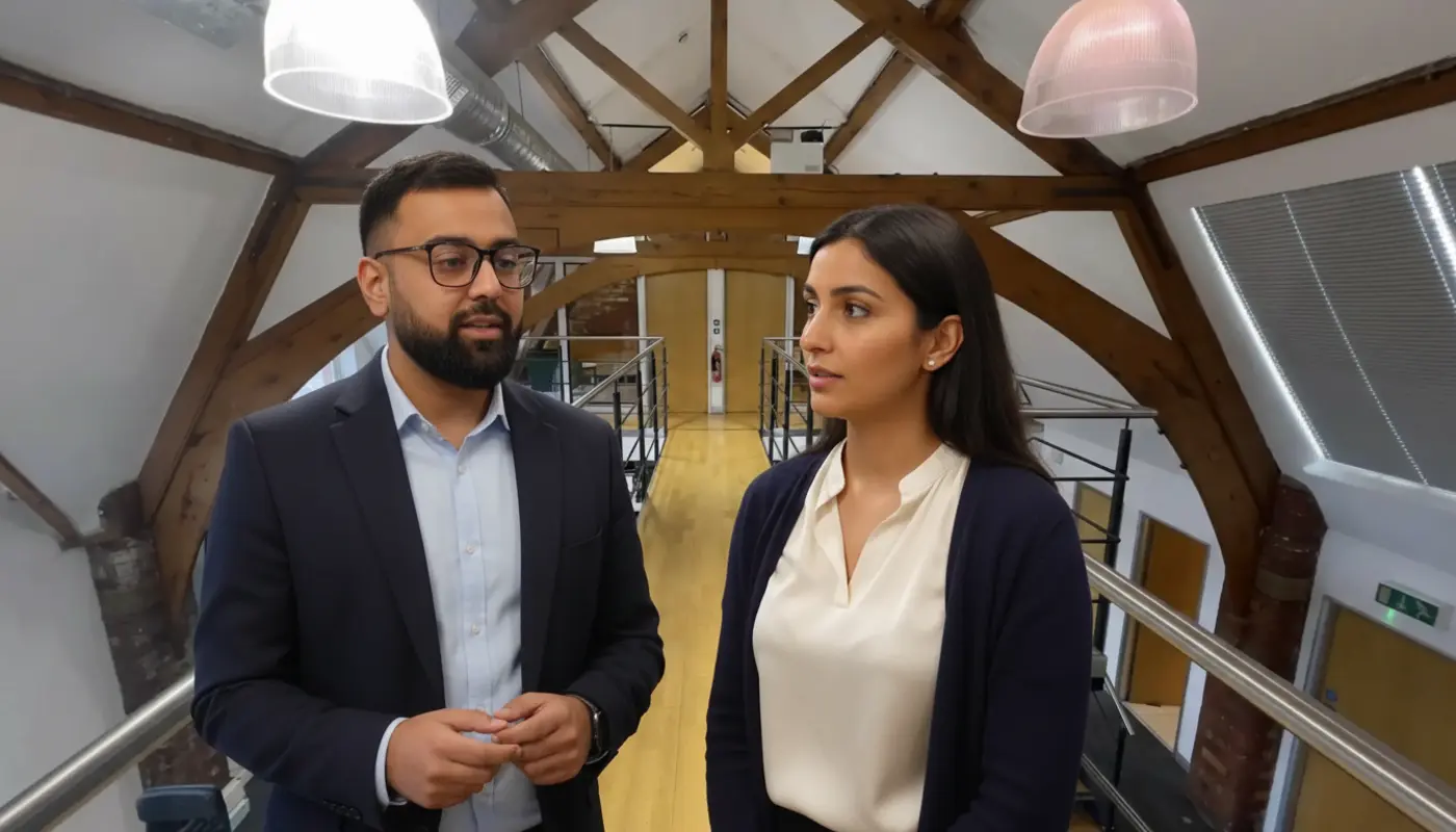 Omar and Sara discussing AEO strategy inside a UK office.
