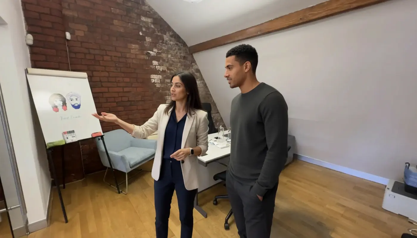 Sara and Zak discussing ecommerce design inside a UK office environment.
