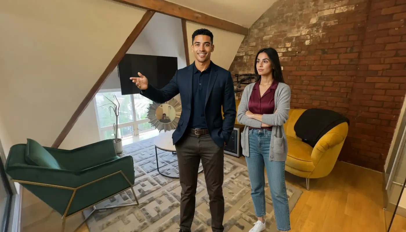 Zak and Sara discussing an IT support task inside a UK office during a real collaboration moment.