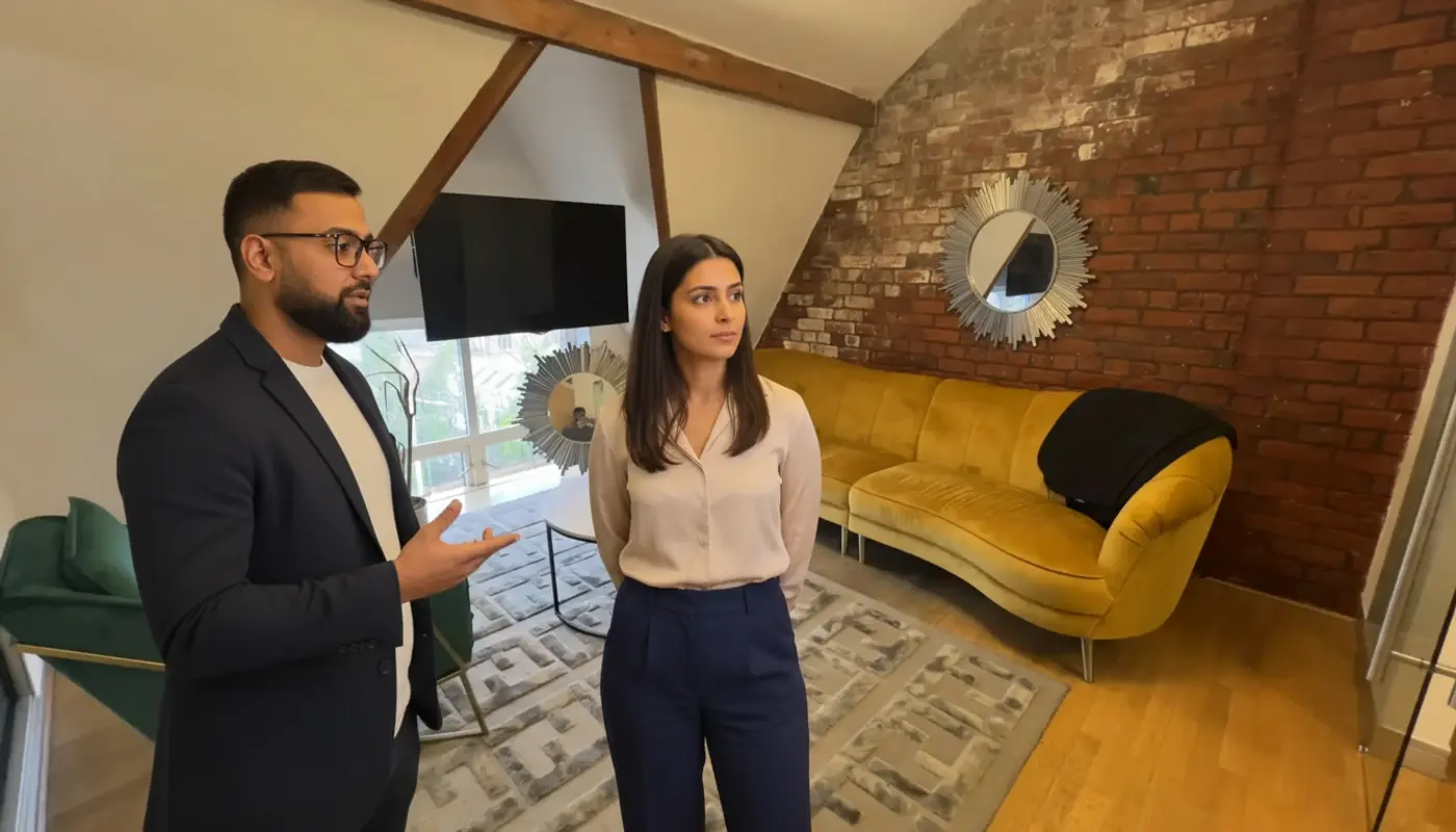 Omer and Sara discussing AGI strategy inside a UK tech office environment.