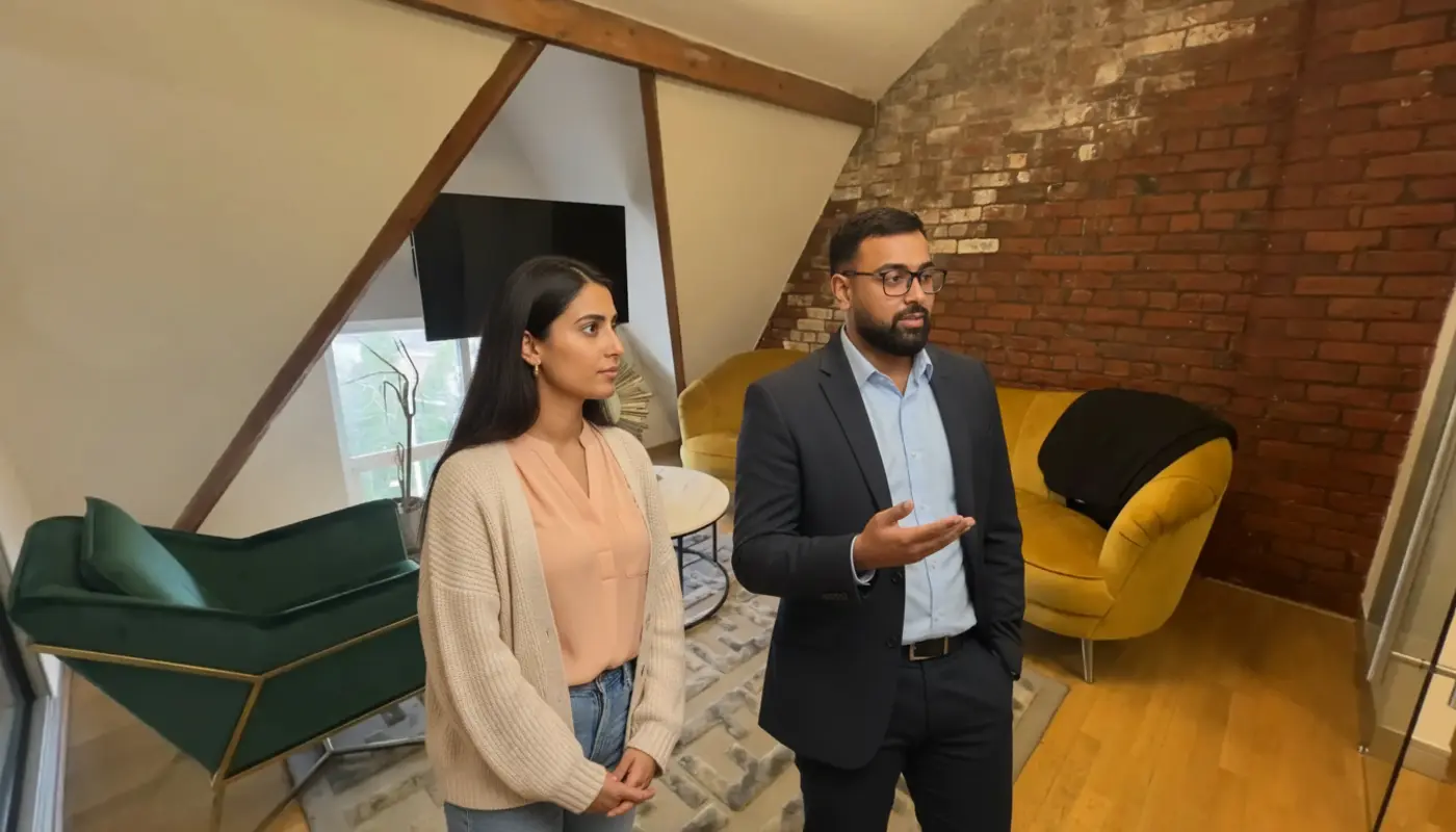 Omar and Sara discussing an IT support issue inside a UK office, mid-collaboration.