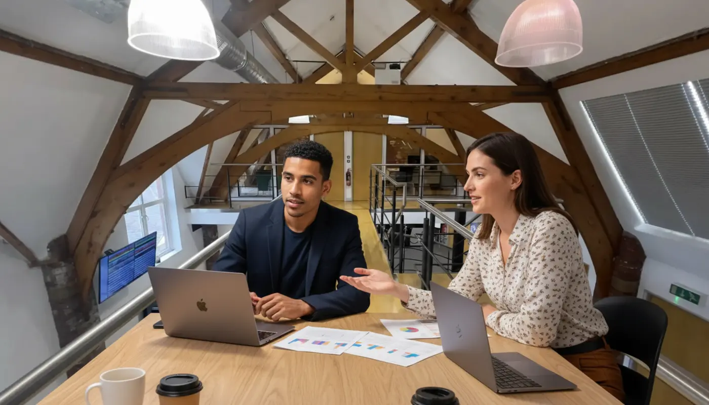 Jessica and Zak discussing video planning inside a UK creator studio.