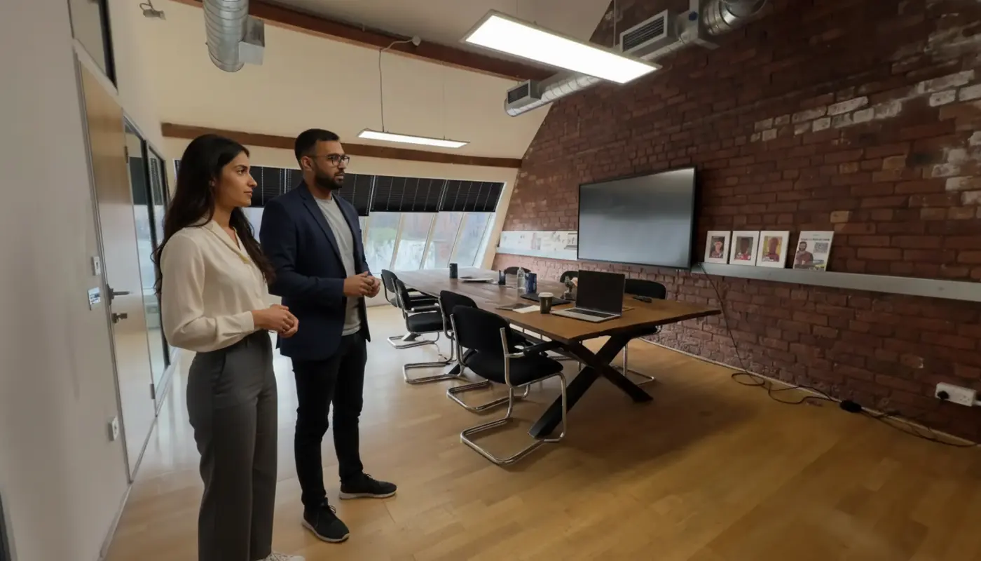Sara and Omar discussing web design strategy inside a UK office.