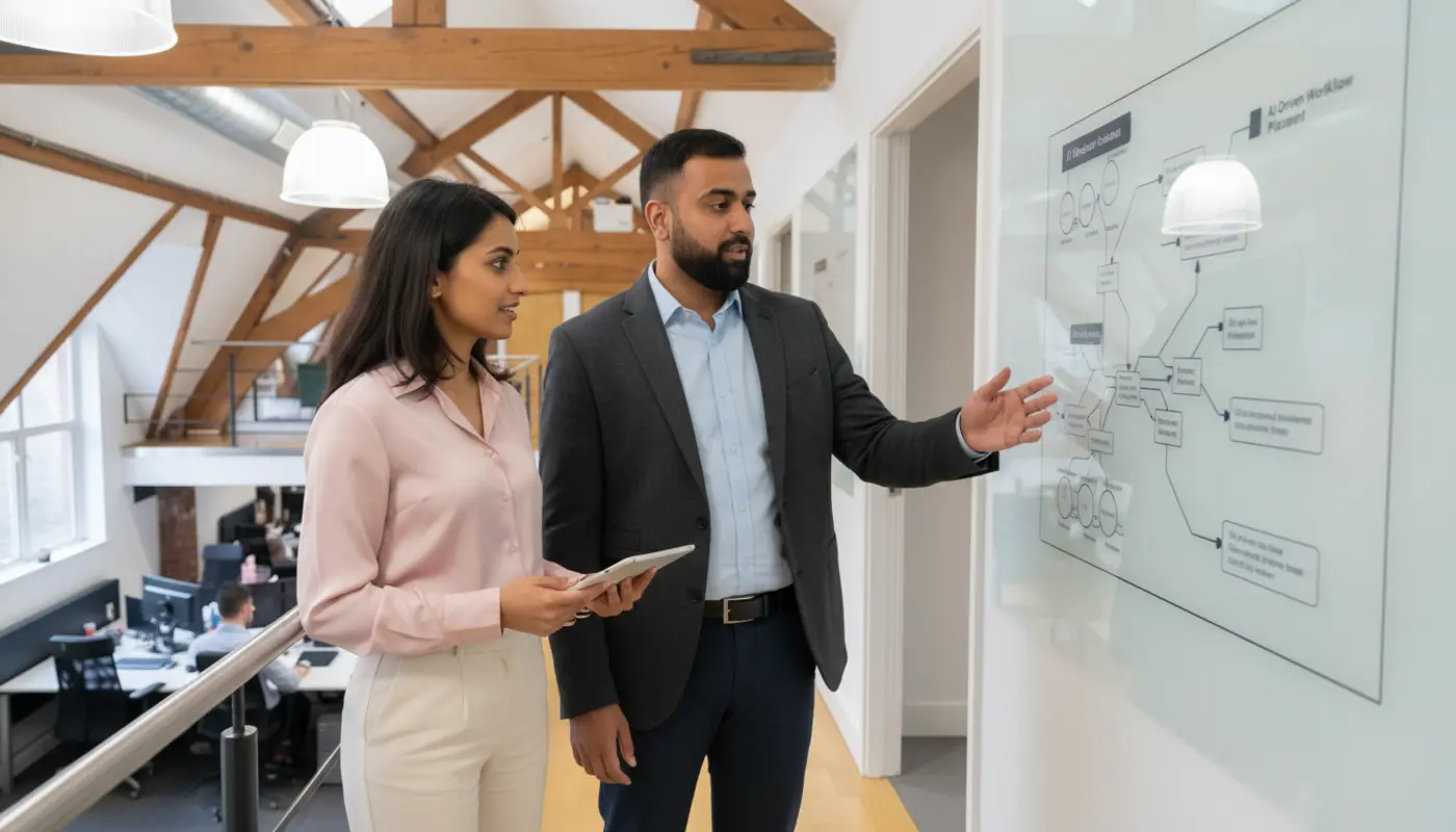 Omer and Sara discussing AI workflow improvements in a UK office environment.