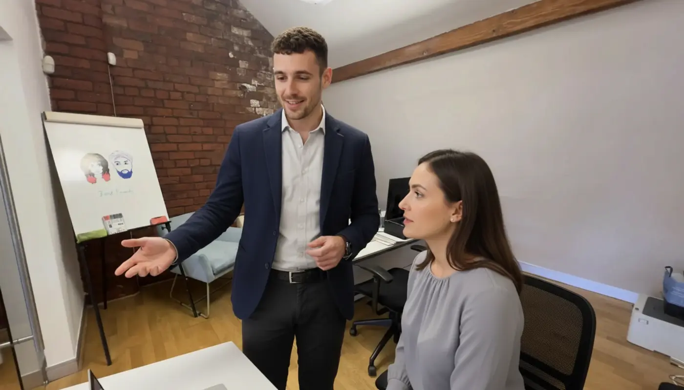 Adam and Jessica discussing work inside a UK office, mid‑conversation.