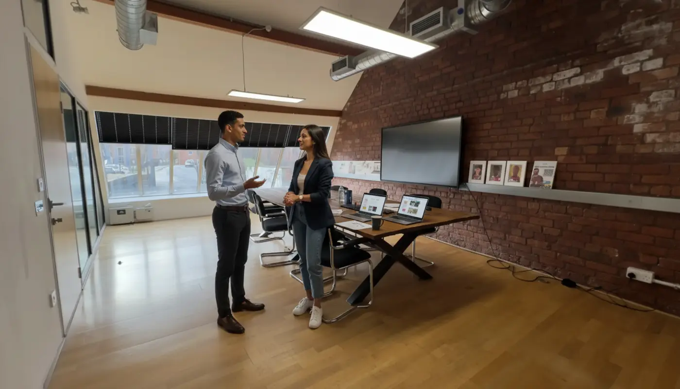 Zak and Sara discussing Shopify store design inside a UK office environment.