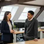 Jessica and Zak discussing an email migration project inside a UK office.