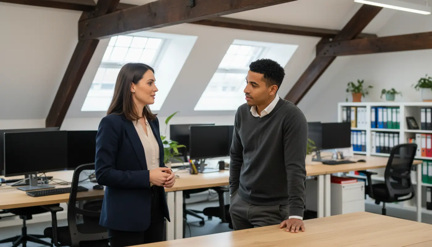 Jessica and Zak discussing an email migration project inside a UK office.