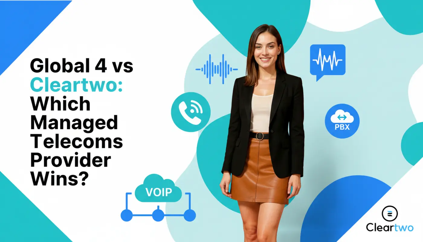 Professional portrait of Jessica in front of bright geometric telecom graphics representing VoIP reliability.
