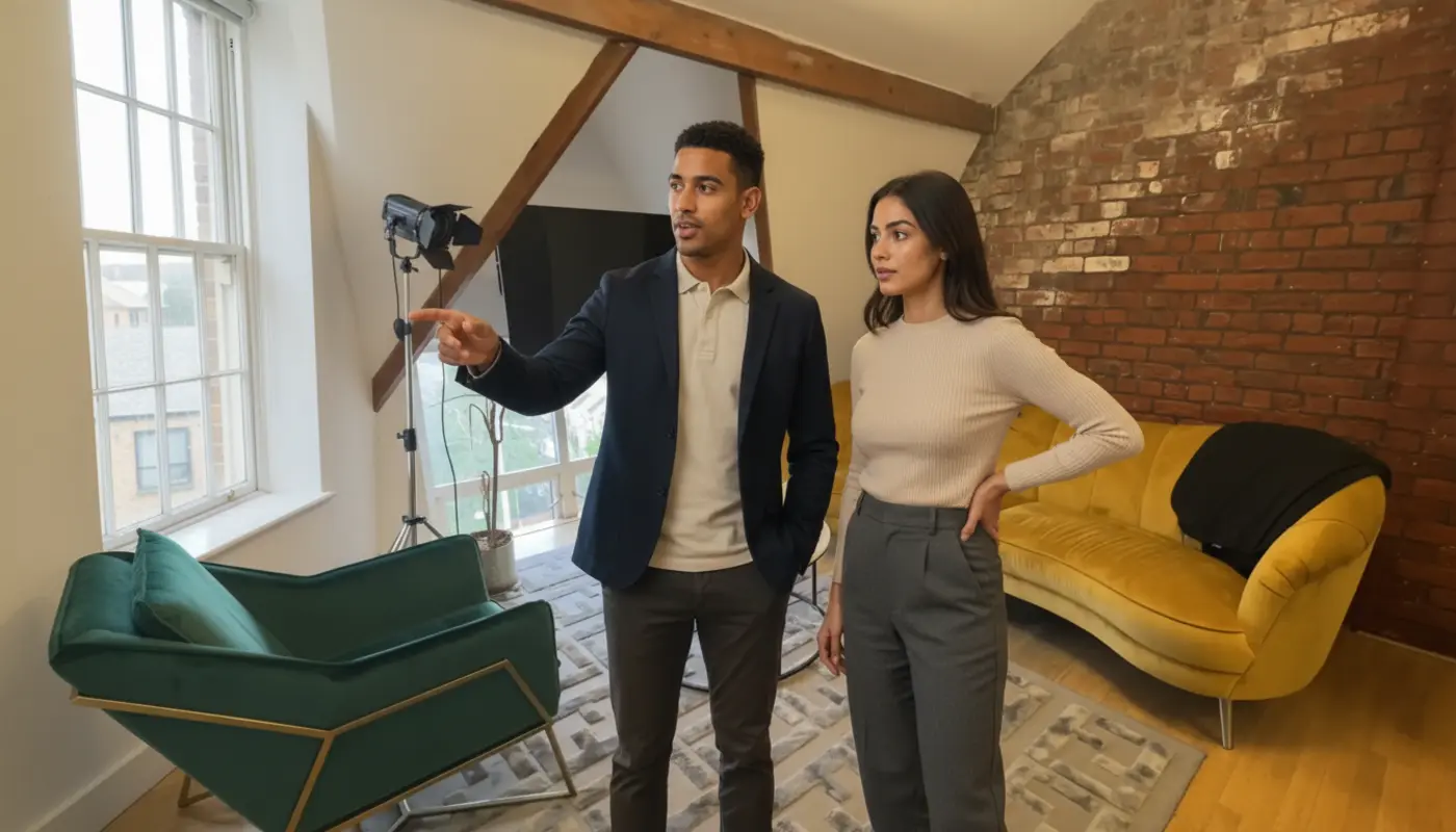 Zak and Sara discussing filming setup inside a UK creator studio.