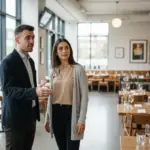Adam and Sara discussing digital signage placement inside a UK restaurant.