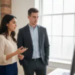 Sara and Adam collaborating in a UK office discussing design strategy.