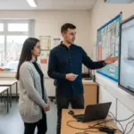 Adam and Sara discussing classroom technology inside a UK school, captured mid‑conversation.