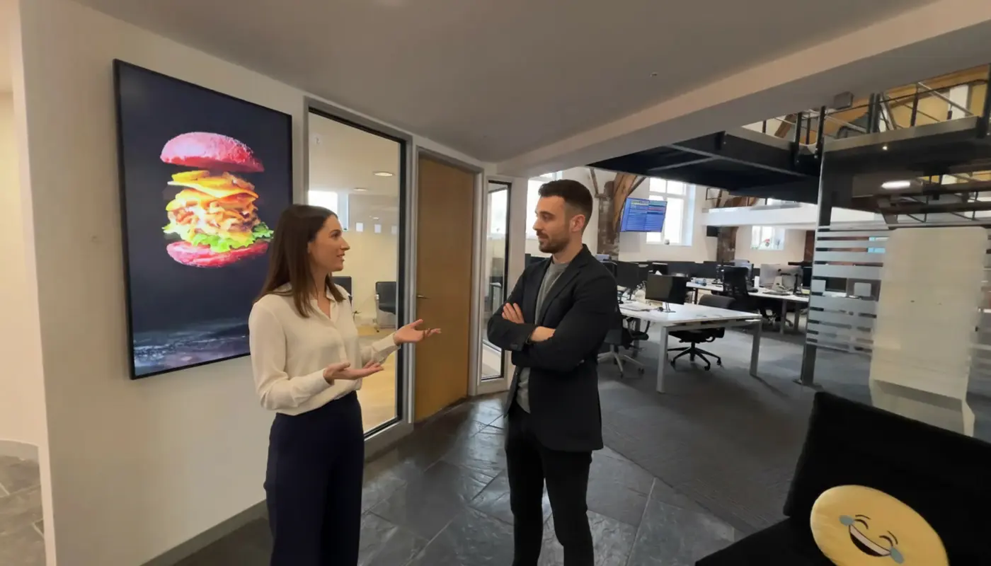 Jessica and Adam discussing ecommerce review strategy inside a UK office.