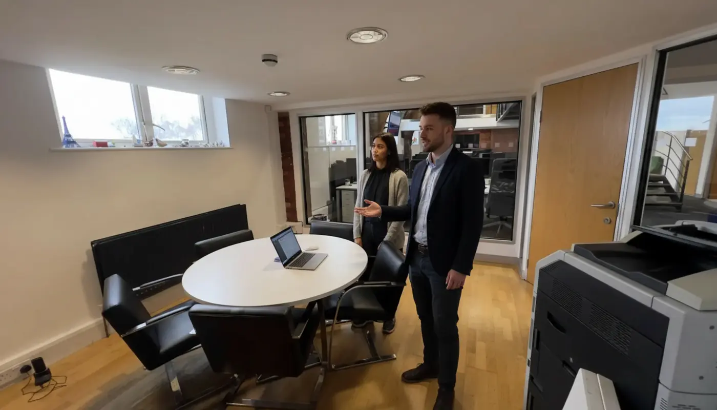 Adam and Sara collaborating inside a UK office, discussing PPC strategy mid‑conversation.