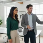 Adam and Sara discussing branding strategy inside a UK office meeting area.