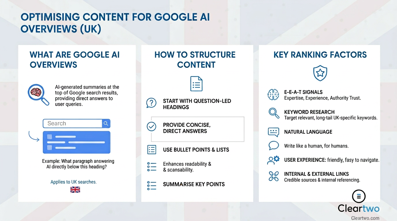 Infographic showing key steps to optimise content for Google AI Overviews using clear sections and icons.