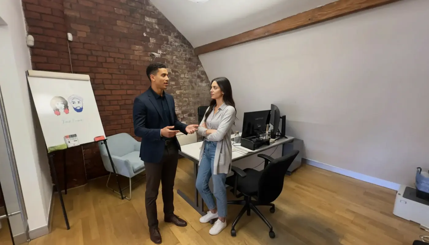 Zak and Sara discussing work inside a UK office.