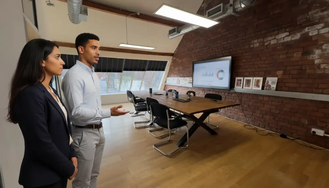 Zak and Sara discussing technical SEO work inside a UK office.