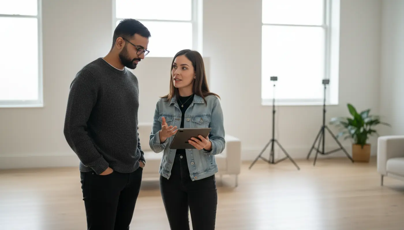Jessica, Omar, and Sara collaborating inside a UK creator studio, discussing TikTok content strategy.
