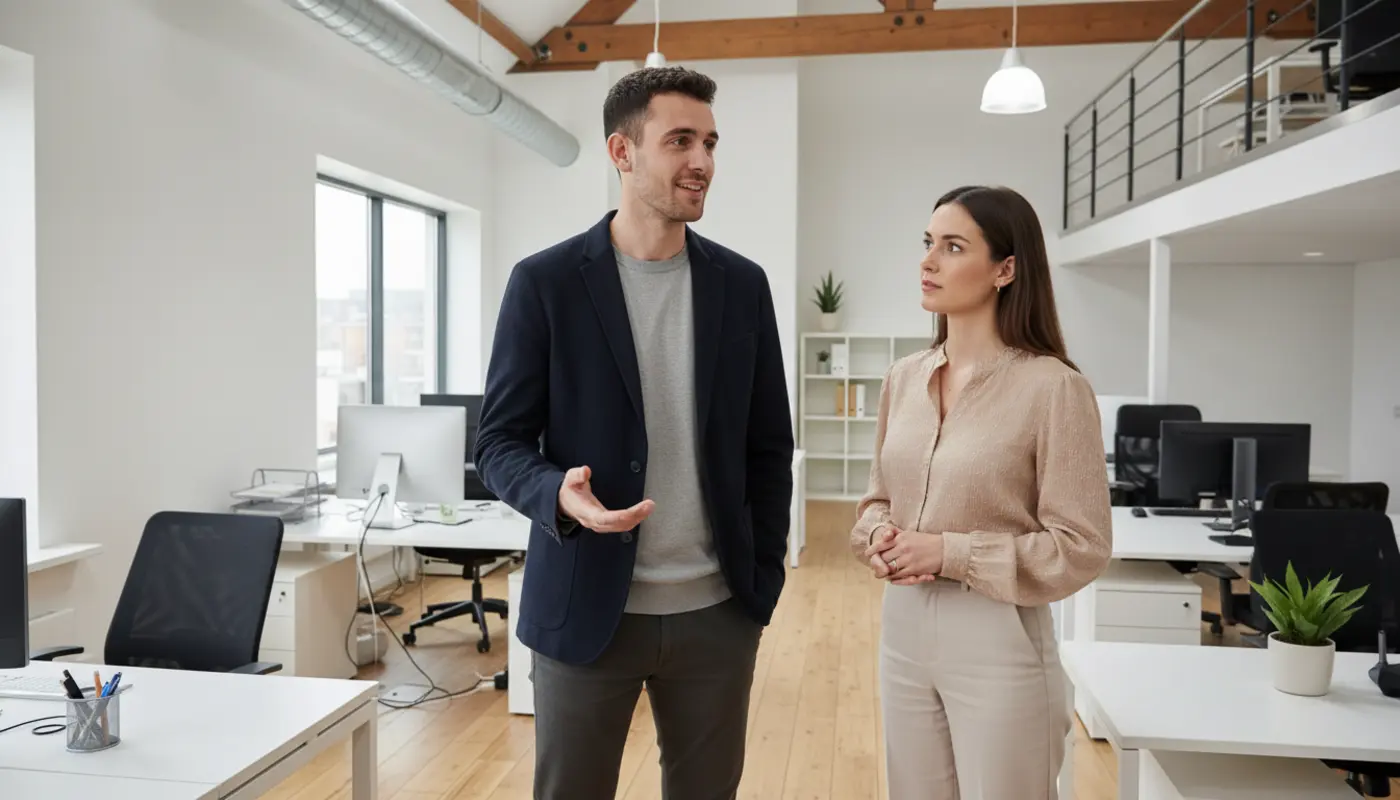 Adam and Jessica in a UK creator studio discussing social media brand awareness strategy.