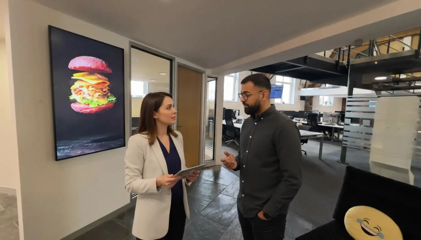 Jessica and Omar discussing campaign performance inside a UK office, mid-conversation.