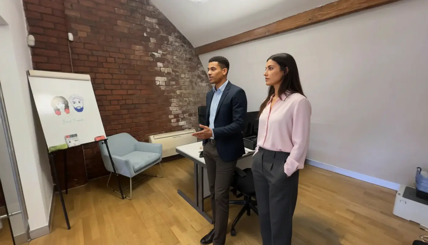Zak and Sara discussing marketing strategy inside a UK office, mid‑conversation, naturally collaborating.