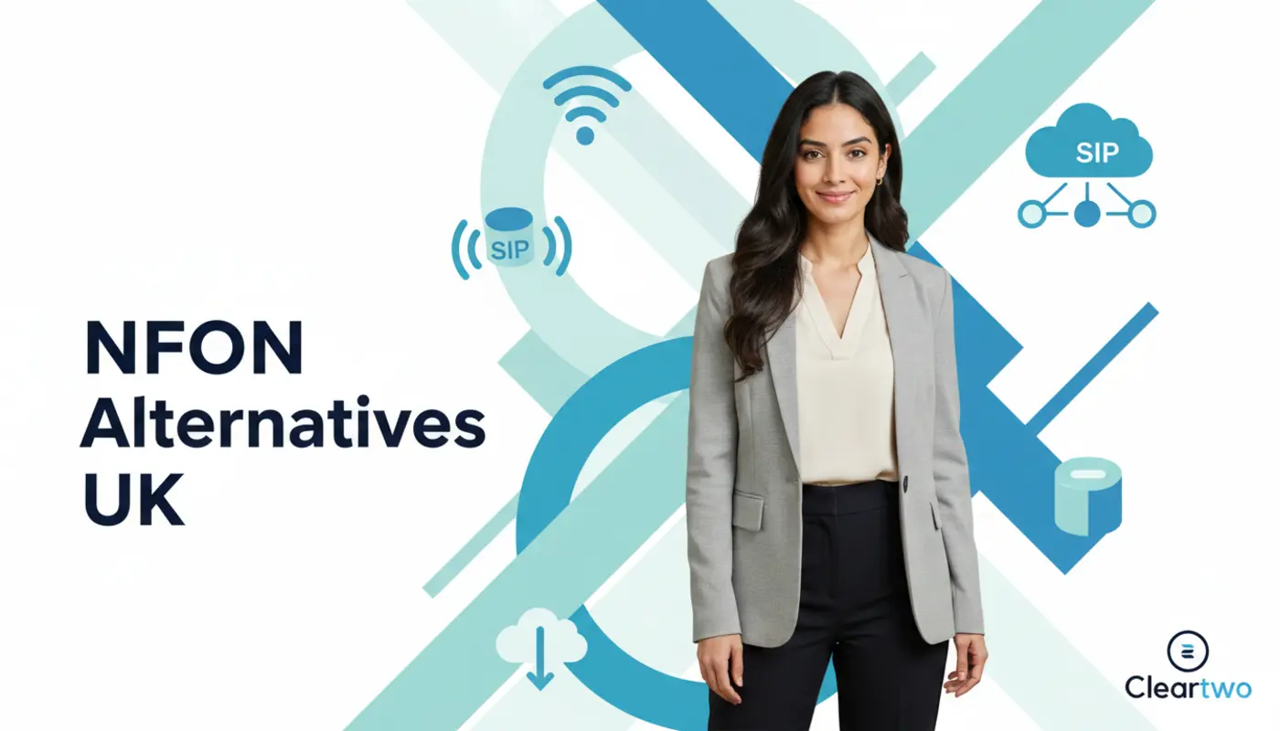 Sara posed confidently against a bright geometric cloud‑PBX themed background for NFON alternatives.