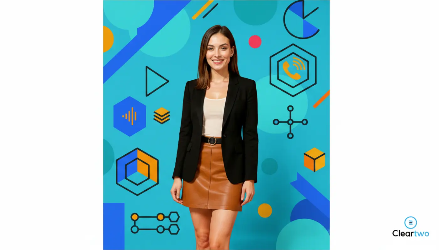 Jessica in front of a bright geometric VoIP pricing themed backdrop for a telecom review.