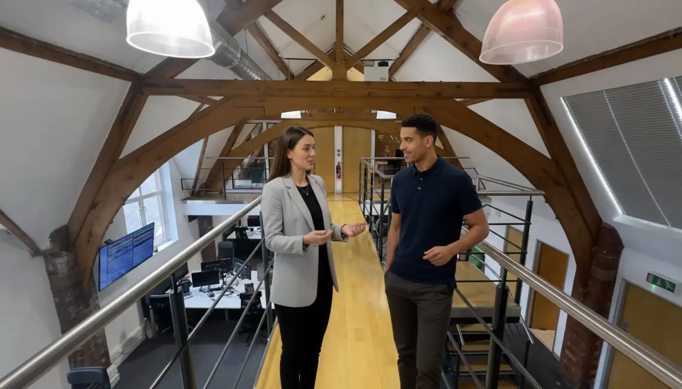 Jessica and Zak discussing SEO strategy inside a UK office, mid‑conversation.